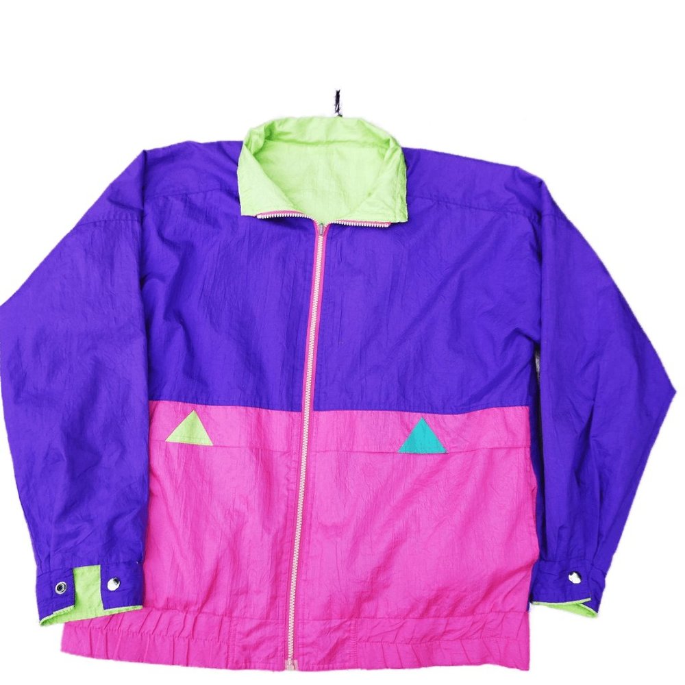 Vintage 80s Reversible Windbreaker Neon Color Block Solid Lime Other Side